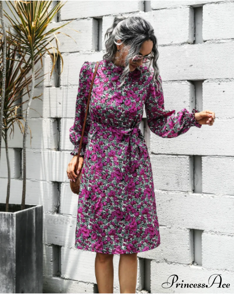 Floral Lace A-Line Skirt with Stand-Up Collar and Lantern Sleeves Dress - Image 11