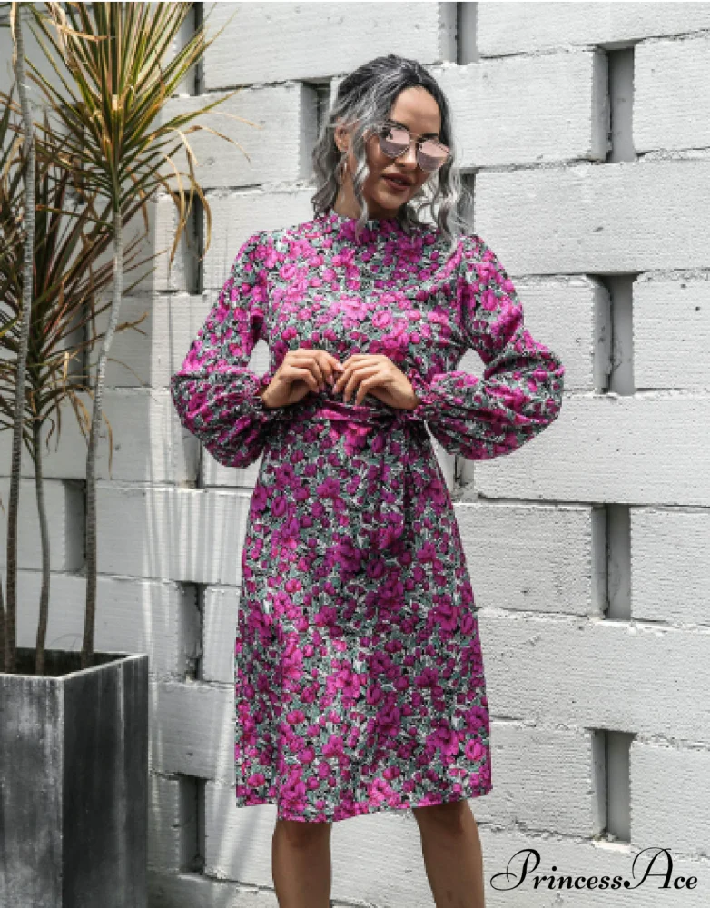 Floral Lace A-Line Skirt with Stand-Up Collar and Lantern Sleeves Dress - Image 12