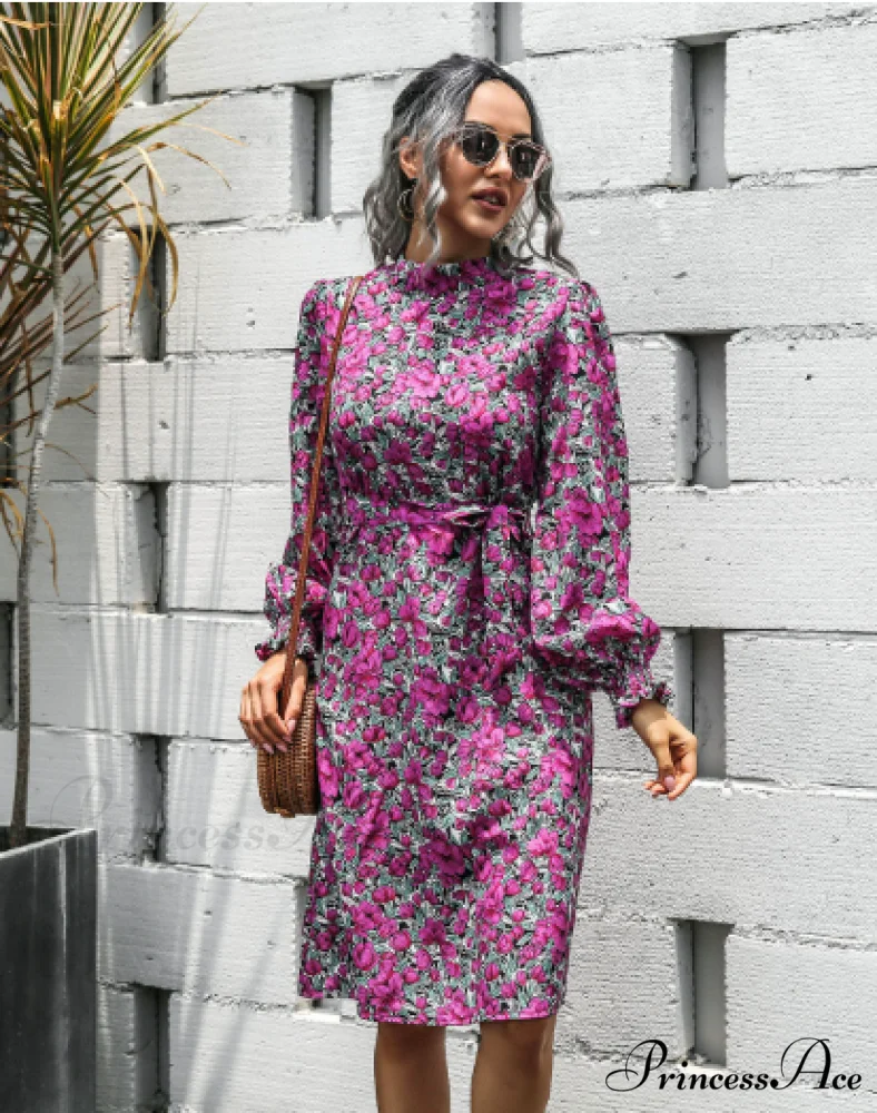 Floral Lace A-Line Skirt with Stand-Up Collar and Lantern Sleeves Dress - Image 13