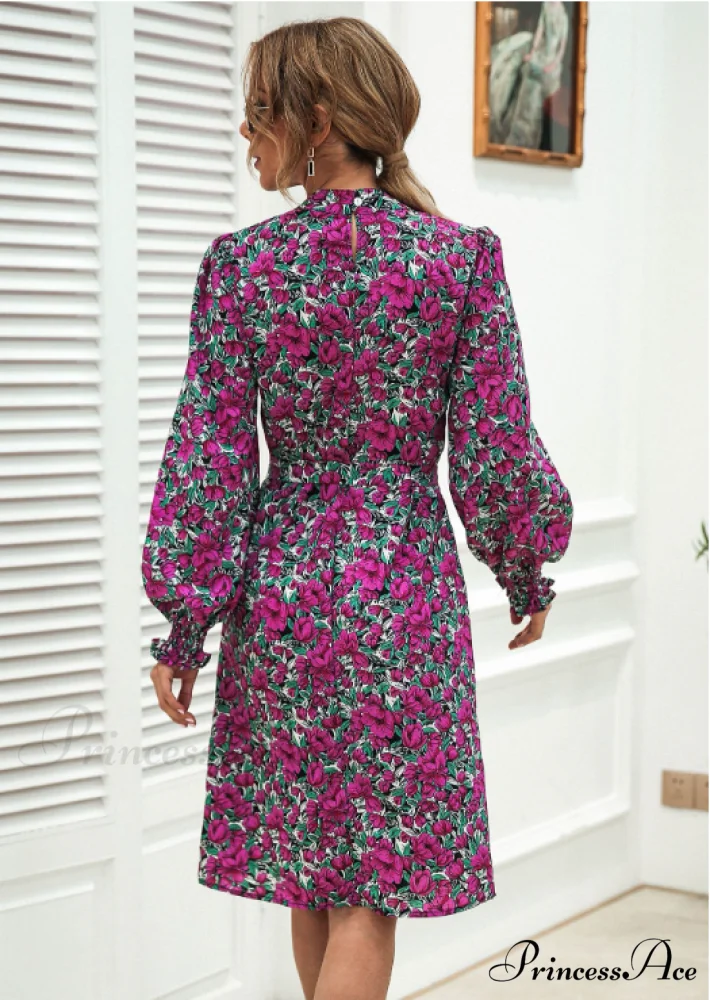 Floral Lace A-Line Skirt with Stand-Up Collar and Lantern Sleeves Dress - Image 3