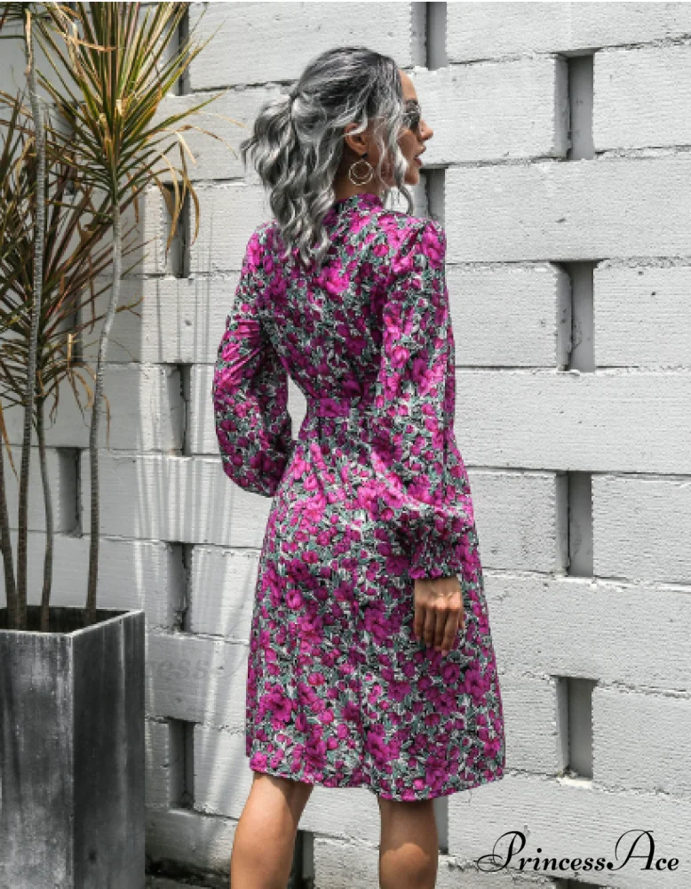 Floral Lace A-Line Skirt with Stand-Up Collar and Lantern Sleeves Dress - Image 4