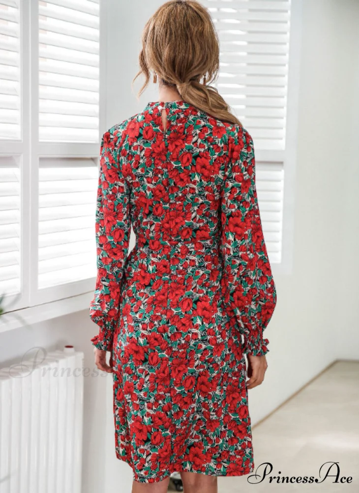Floral Lace A-Line Skirt with Stand-Up Collar and Lantern Sleeves Dress - Image 7