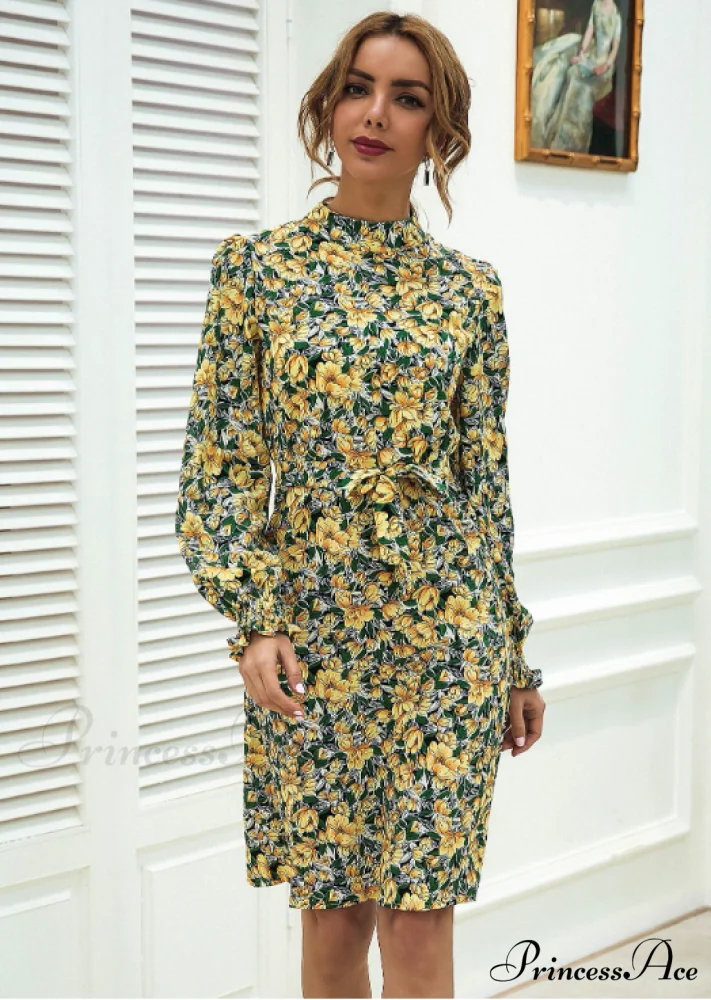 Floral Lace A-Line Skirt with Stand-Up Collar and Lantern Sleeves Dress - Image 8