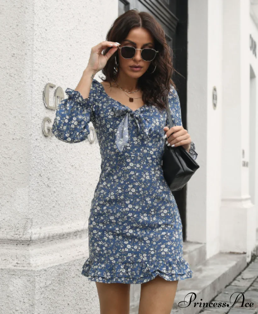 Floral Ruffled Bow Word Neck Dress - Image 2