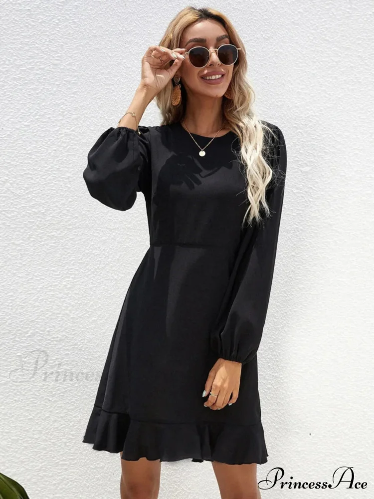 RUFFLED LONG-SLEEVED DRESS - BLACK - Image 2