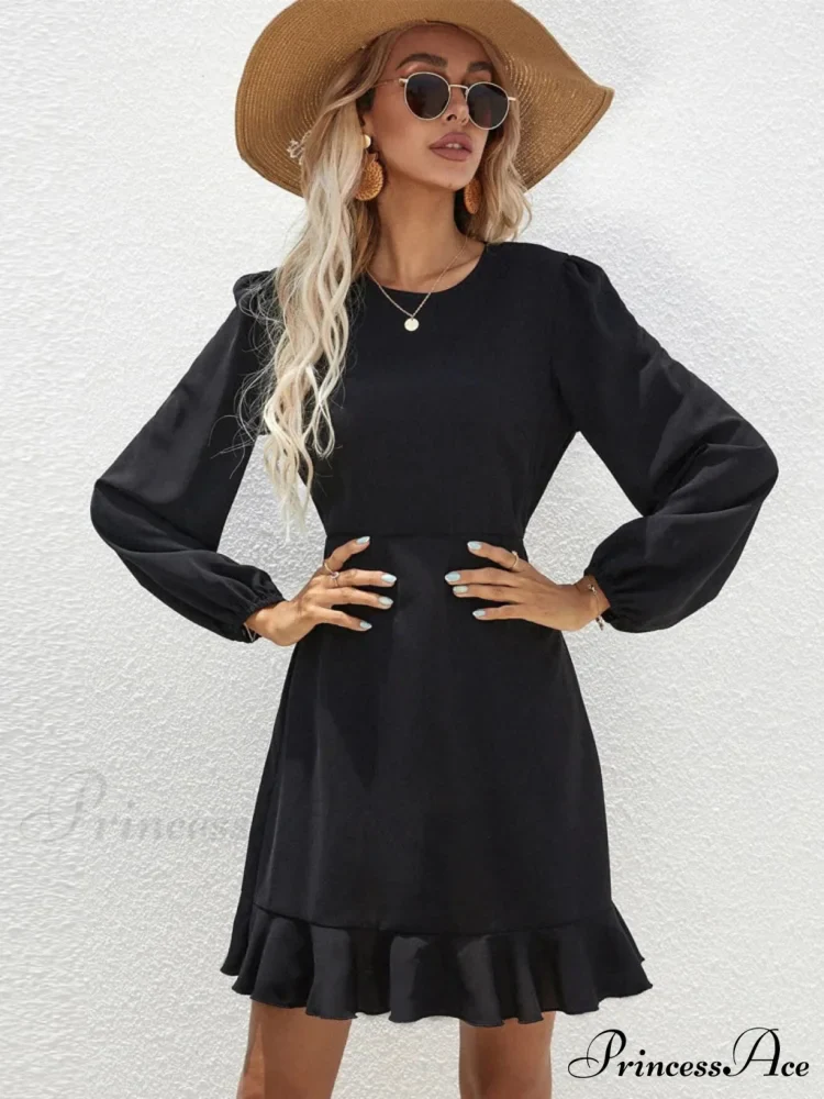 RUFFLED LONG-SLEEVED DRESS - BLACK - Image 3