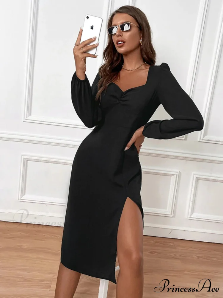 V-Neck Slit Long Sleeve Slim Dress - Image 2