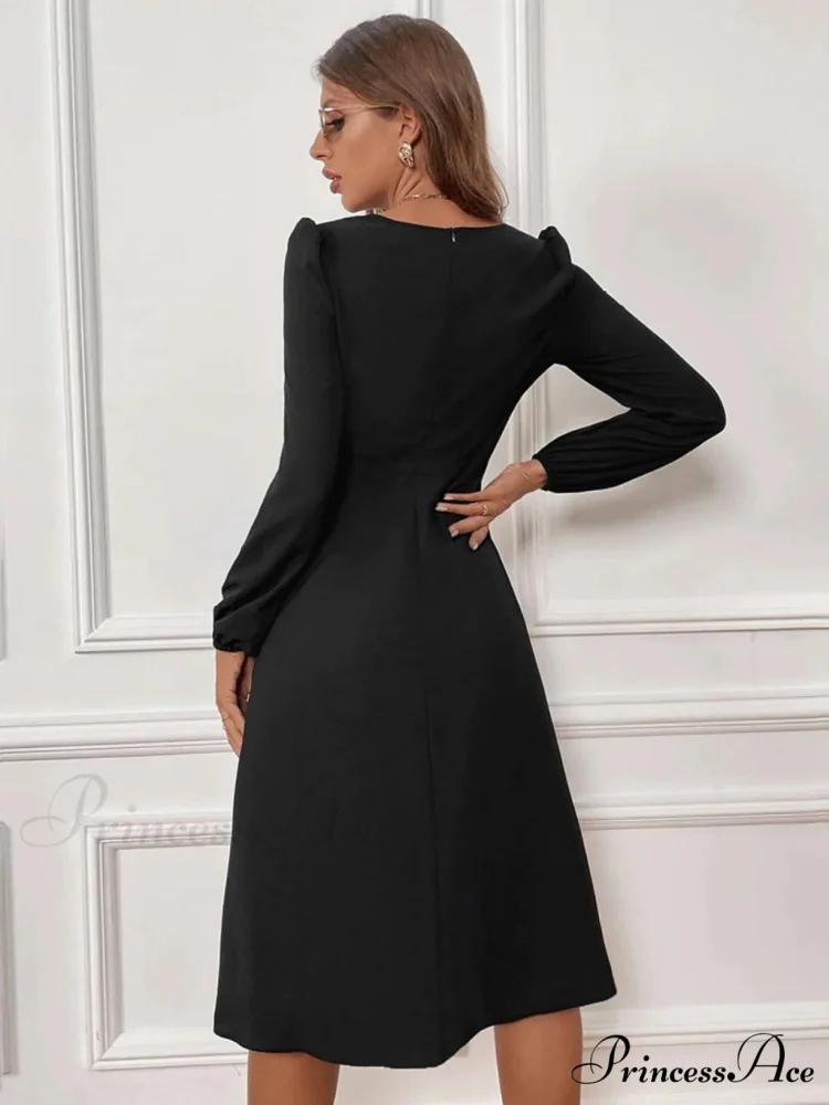 V-Neck Slit Long Sleeve Slim Dress - Image 3