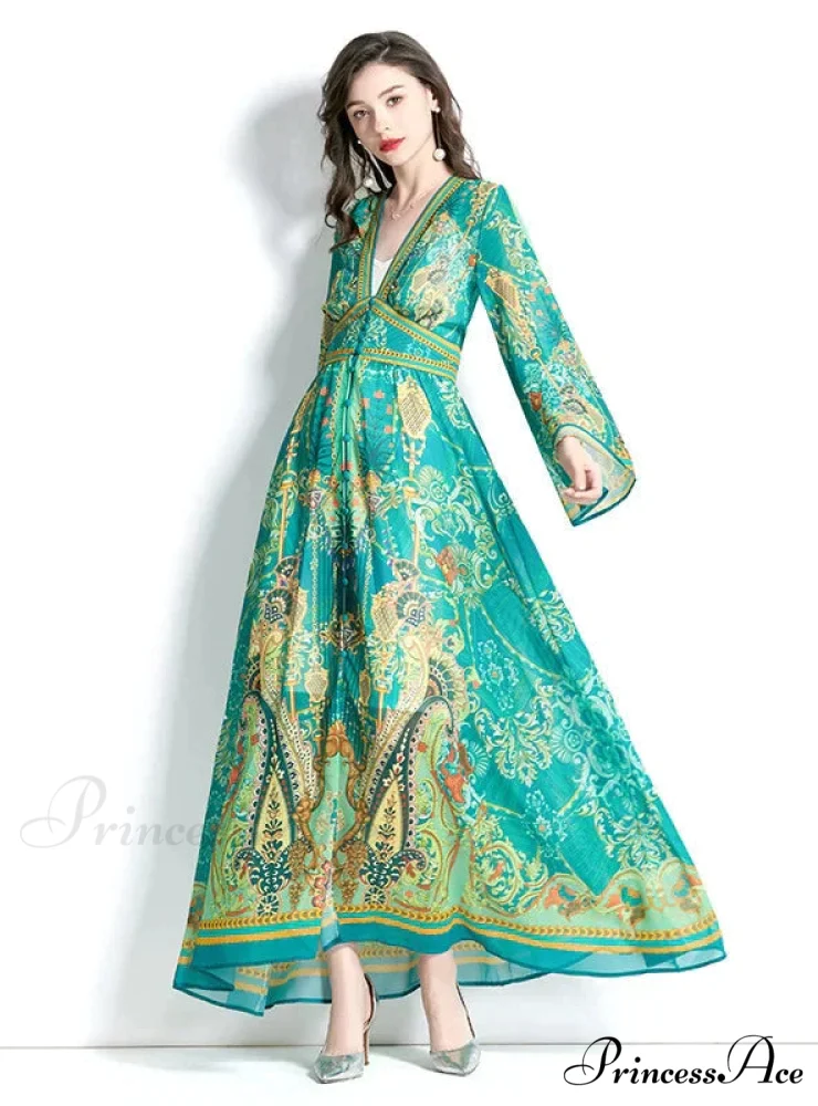 V-Neck Flared Sleeve Printed Dress with Long Sleeves - Image 2