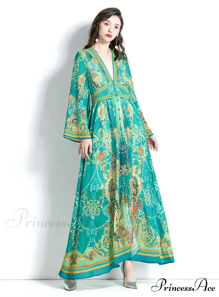 V-Neck Flared Sleeve Printed Dress with Long Sleeves - Image 3