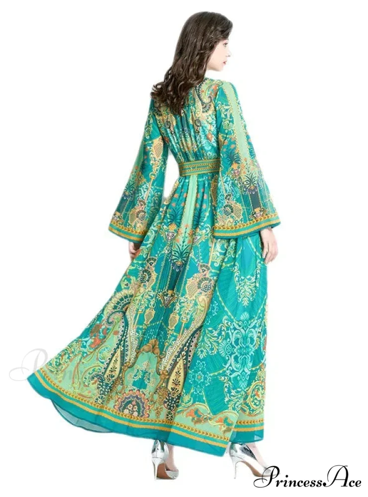 V-Neck Flared Sleeve Printed Dress with Long Sleeves - Image 4