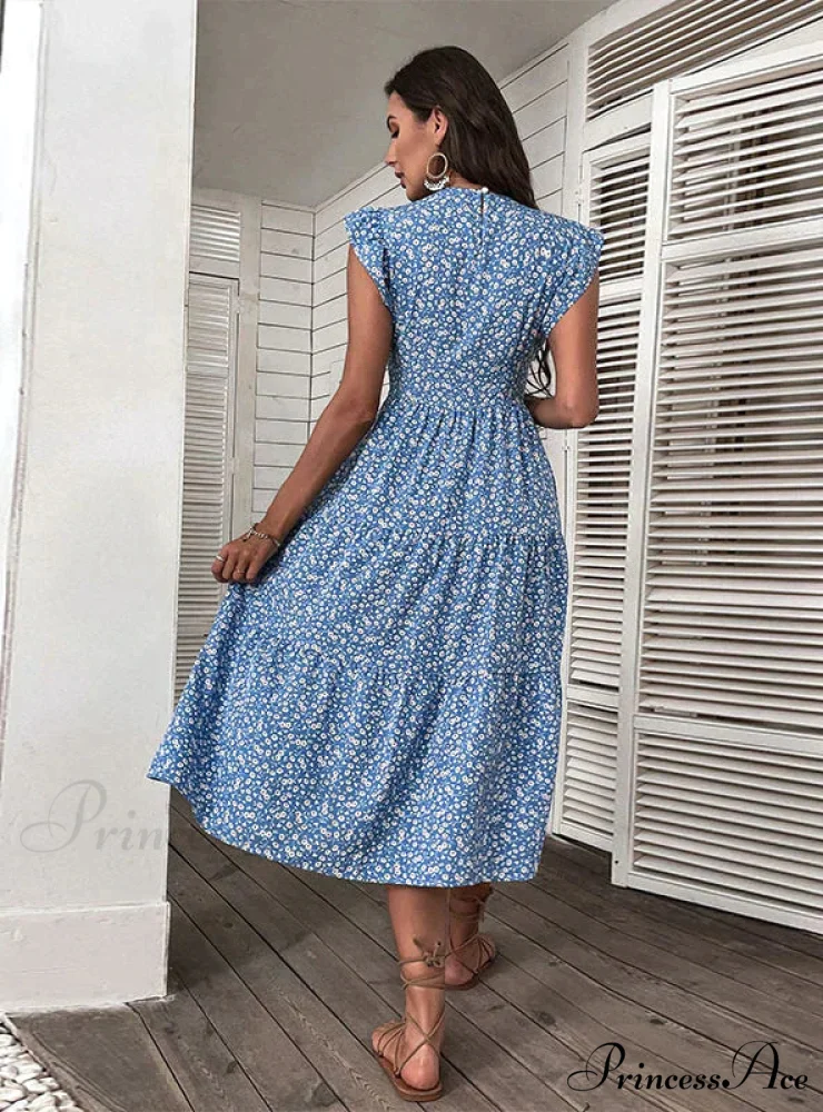 Medium-Length High-Waist Floral Dress with Flying Sleeves - Image 2