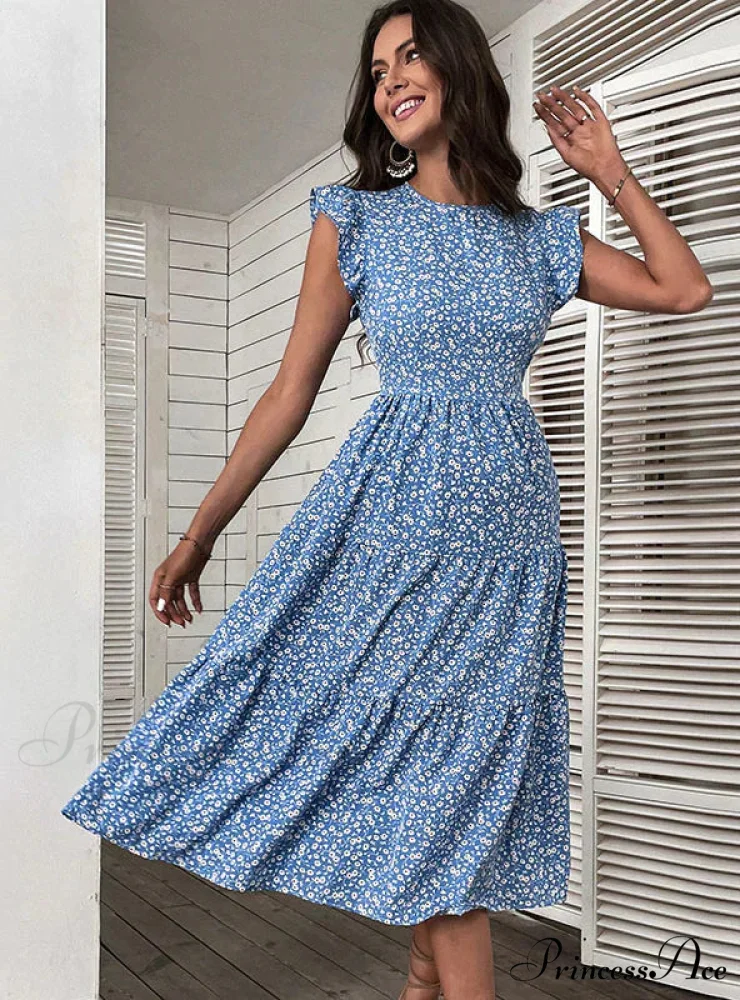 Medium-Length High-Waist Floral Dress with Flying Sleeves - Image 3