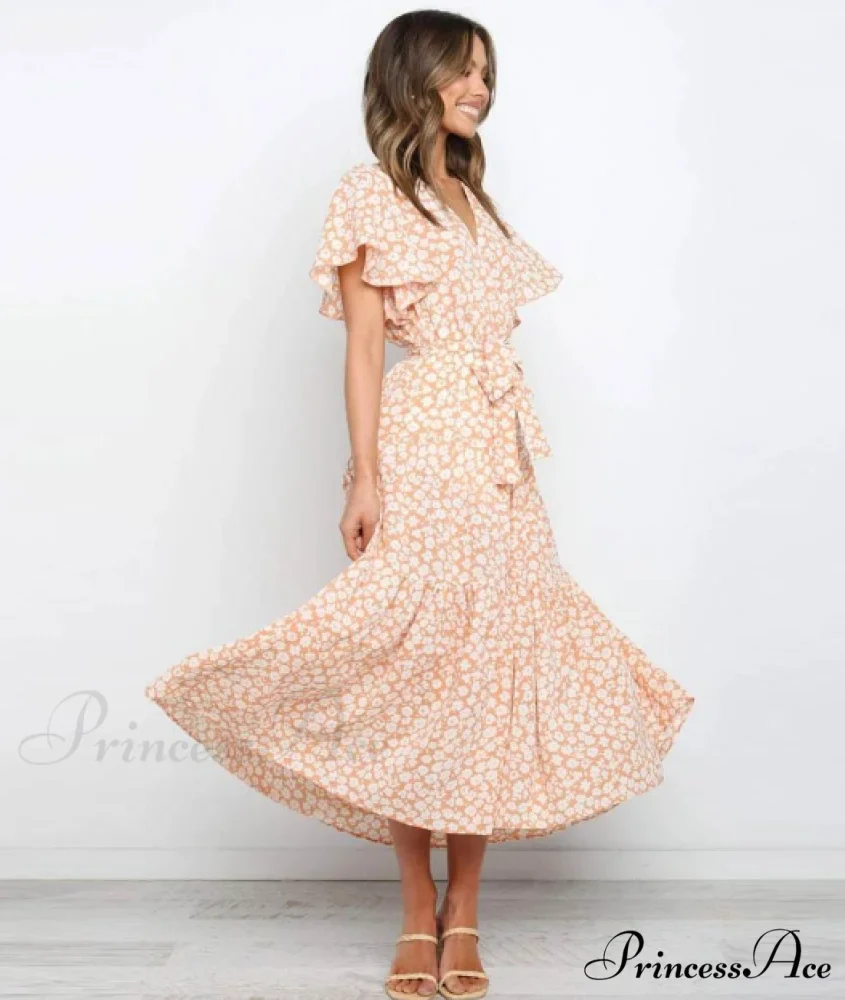 Boho Printed Long Dress Women V Neck Holiday Beach Dress - Image 4
