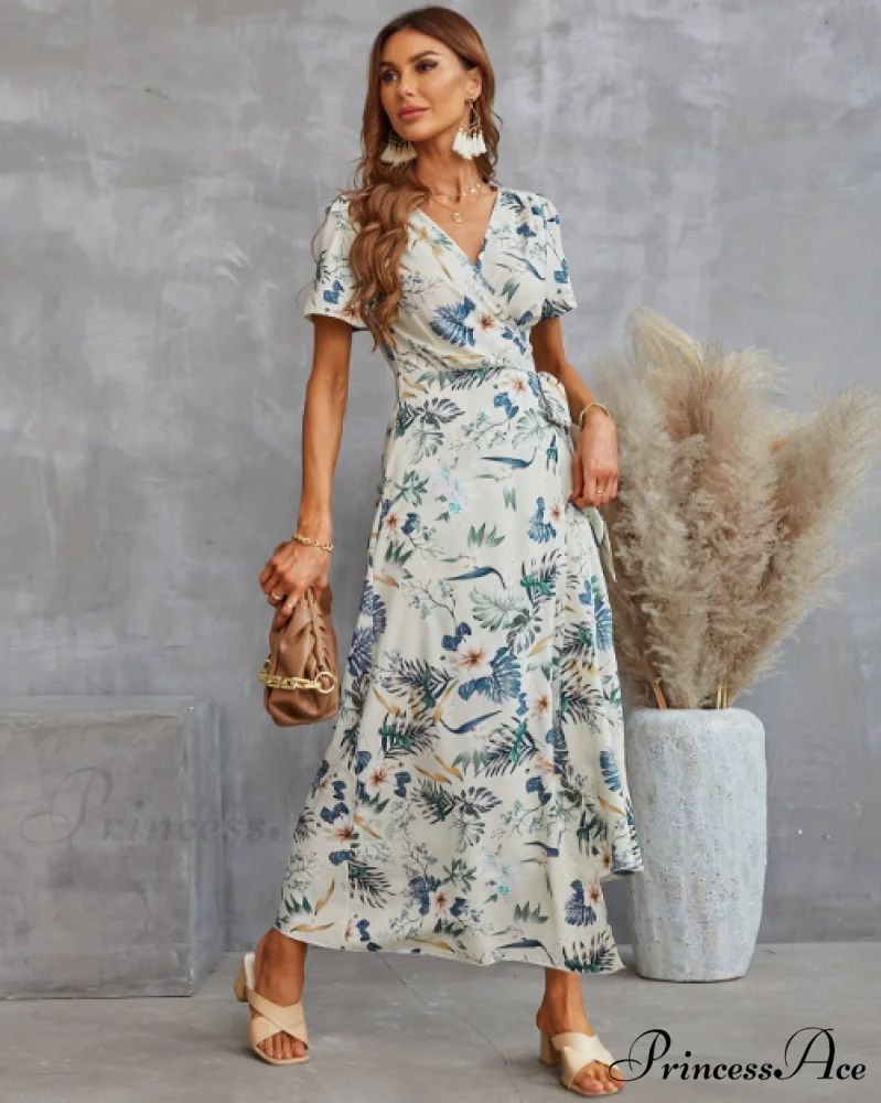 V-Neck Holiday Print Summer Dress Women Short Sleeve Floral Split Beach Sundress - Image 3