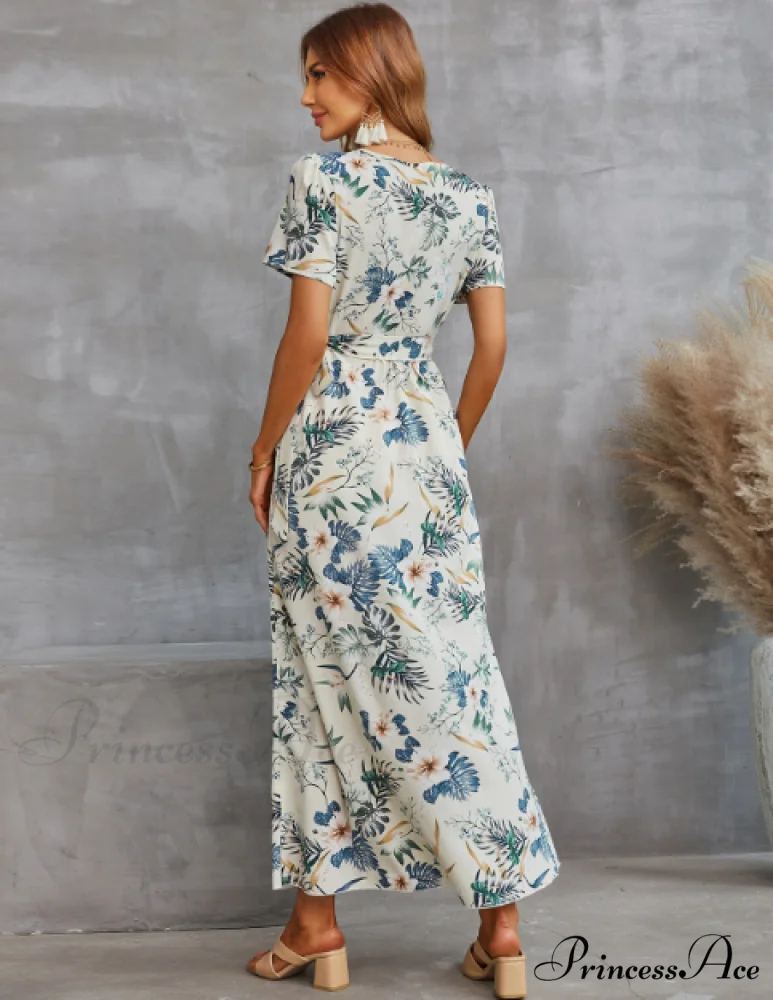 V-Neck Holiday Print Summer Dress Women Short Sleeve Floral Split Beach Sundress - Image 4