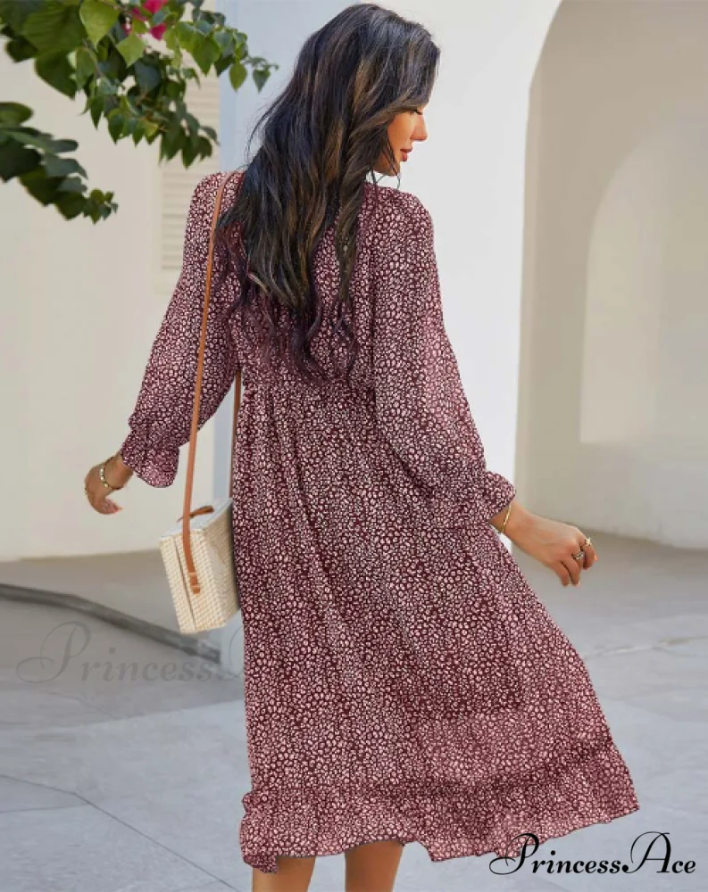 Spring V Neck Print Dress with Butterfly Sleeves and High Waist Ruffles in Chiffon Midi Length - Image 10