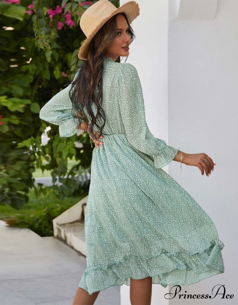 Spring V Neck Print Dress with Butterfly Sleeves and High Waist Ruffles in Chiffon Midi Length - Image 2