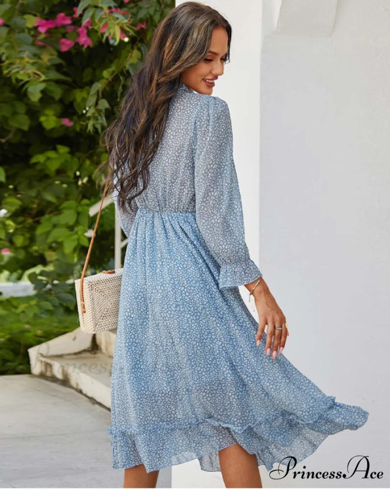Spring V Neck Print Dress with Butterfly Sleeves and High Waist Ruffles in Chiffon Midi Length - Image 4