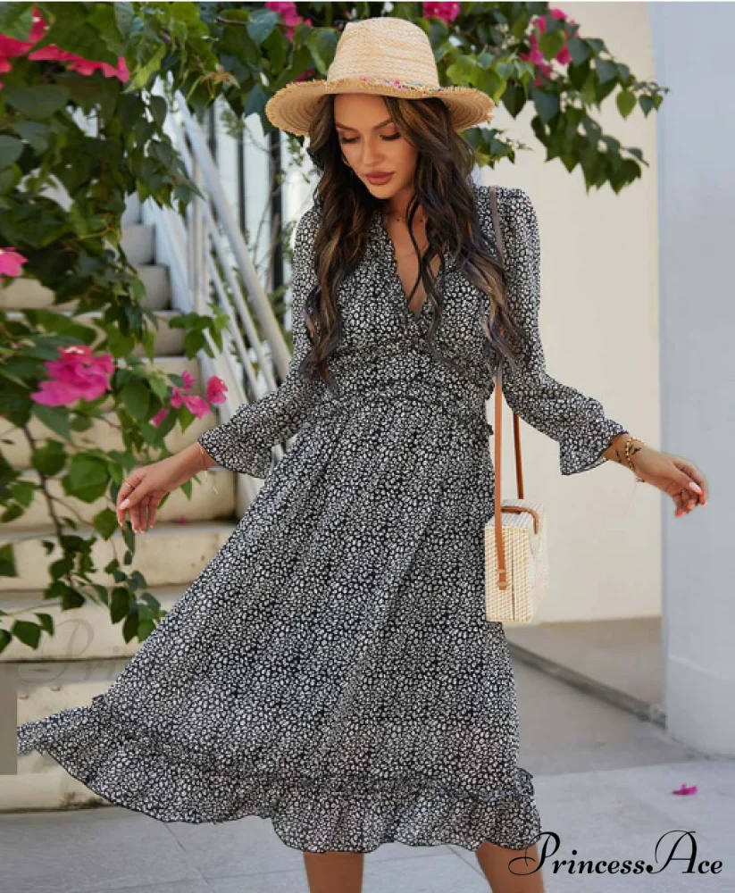 Spring V Neck Print Dress with Butterfly Sleeves and High Waist Ruffles in Chiffon Midi Length - Image 5