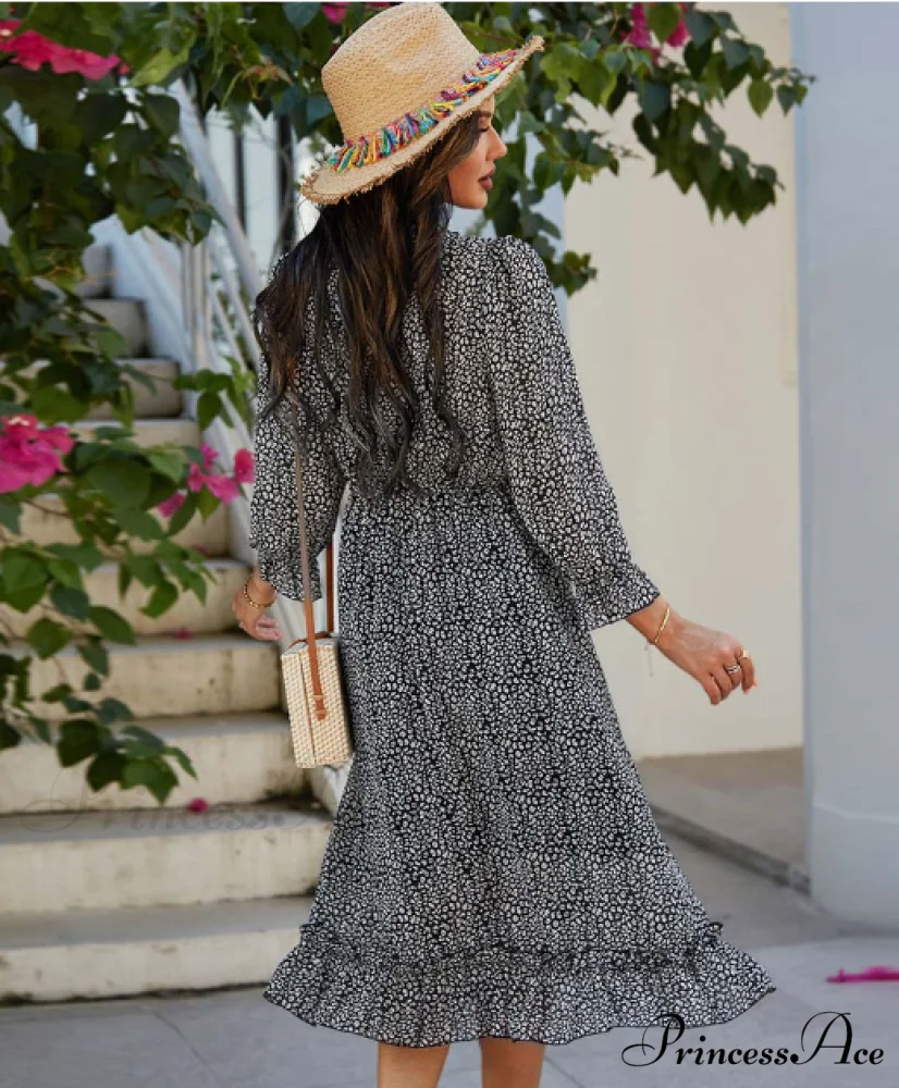 Spring V Neck Print Dress with Butterfly Sleeves and High Waist Ruffles in Chiffon Midi Length - Image 6