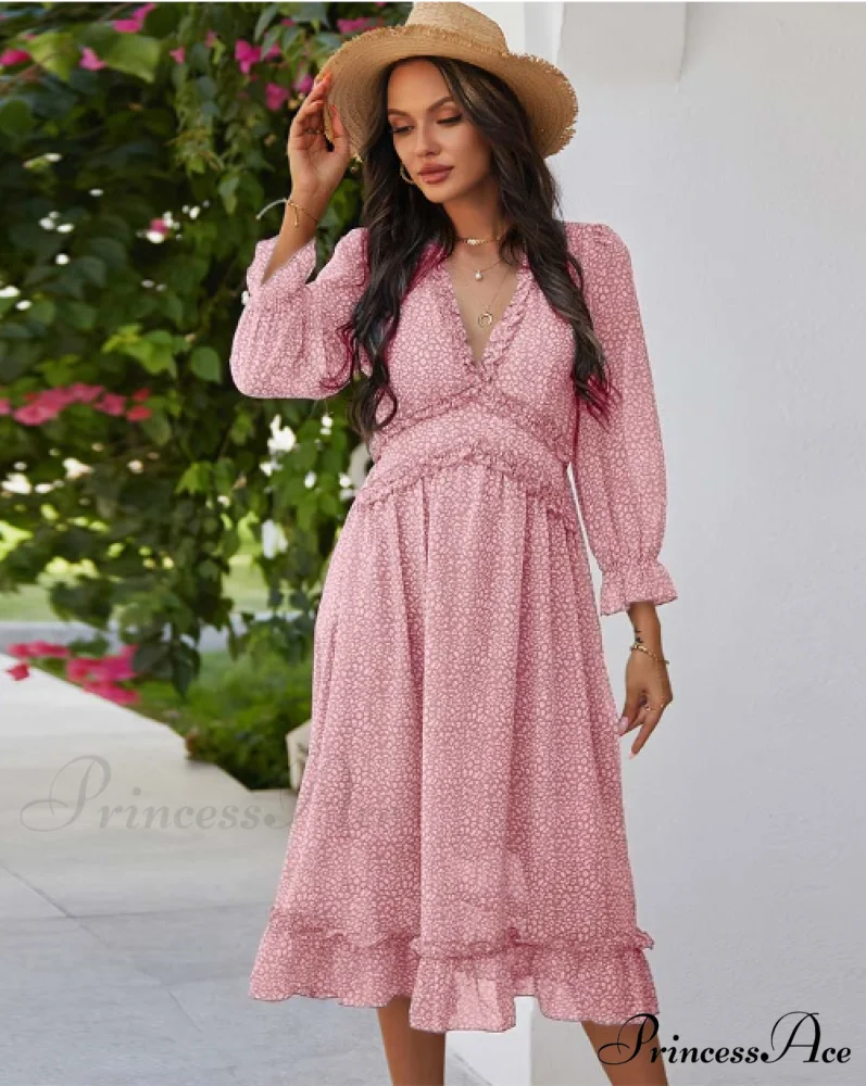 Spring V Neck Print Dress with Butterfly Sleeves and High Waist Ruffles in Chiffon Midi Length - Image 7