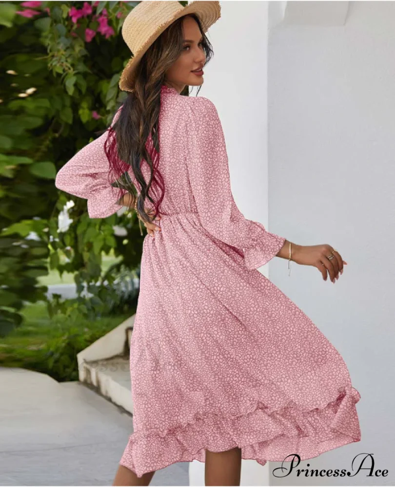Spring V Neck Print Dress with Butterfly Sleeves and High Waist Ruffles in Chiffon Midi Length - Image 8