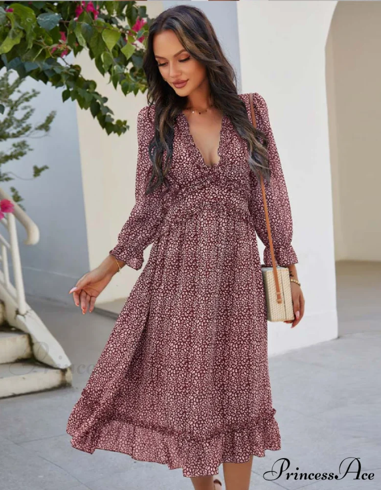 Spring V Neck Print Dress with Butterfly Sleeves and High Waist Ruffles in Chiffon Midi Length - Image 9