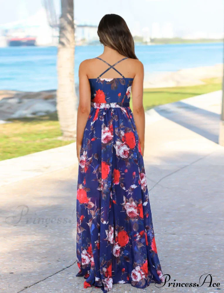 Deep V Neck Floral Print Beach Sling Maxi Dress - Image 2