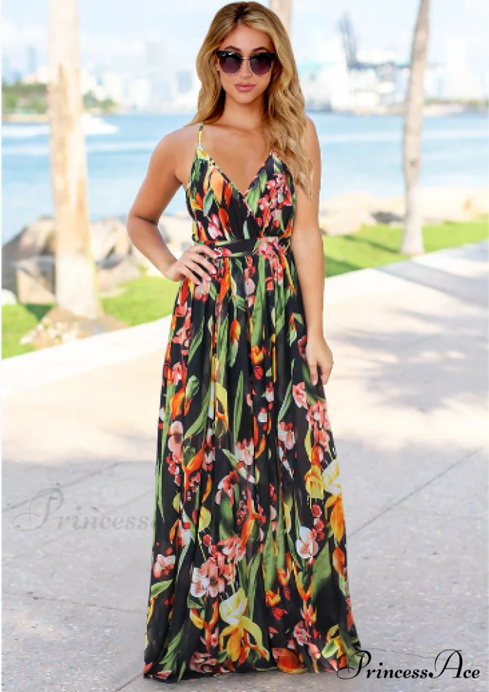 Deep V Neck Floral Print Beach Sling Maxi Dress - Image 4