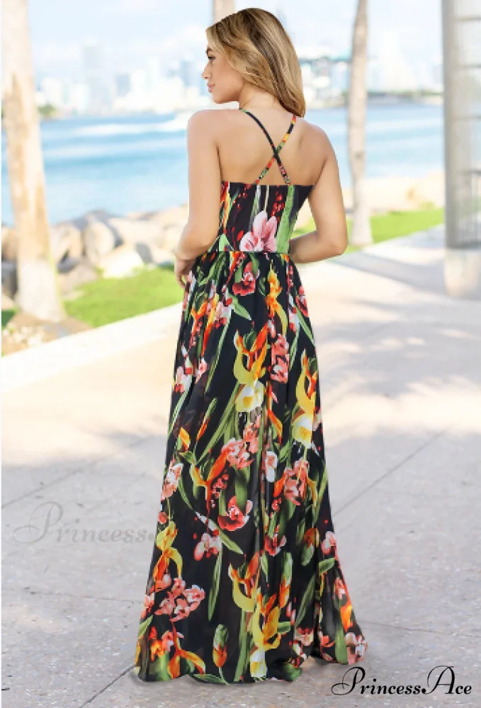 Deep V Neck Floral Print Beach Sling Maxi Dress - Image 5