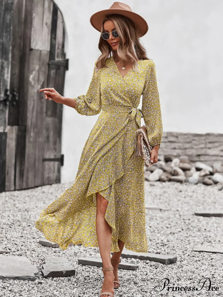 V Neck Full Sleeve High Waist Bandage Print Dress for Spring/Autumn
