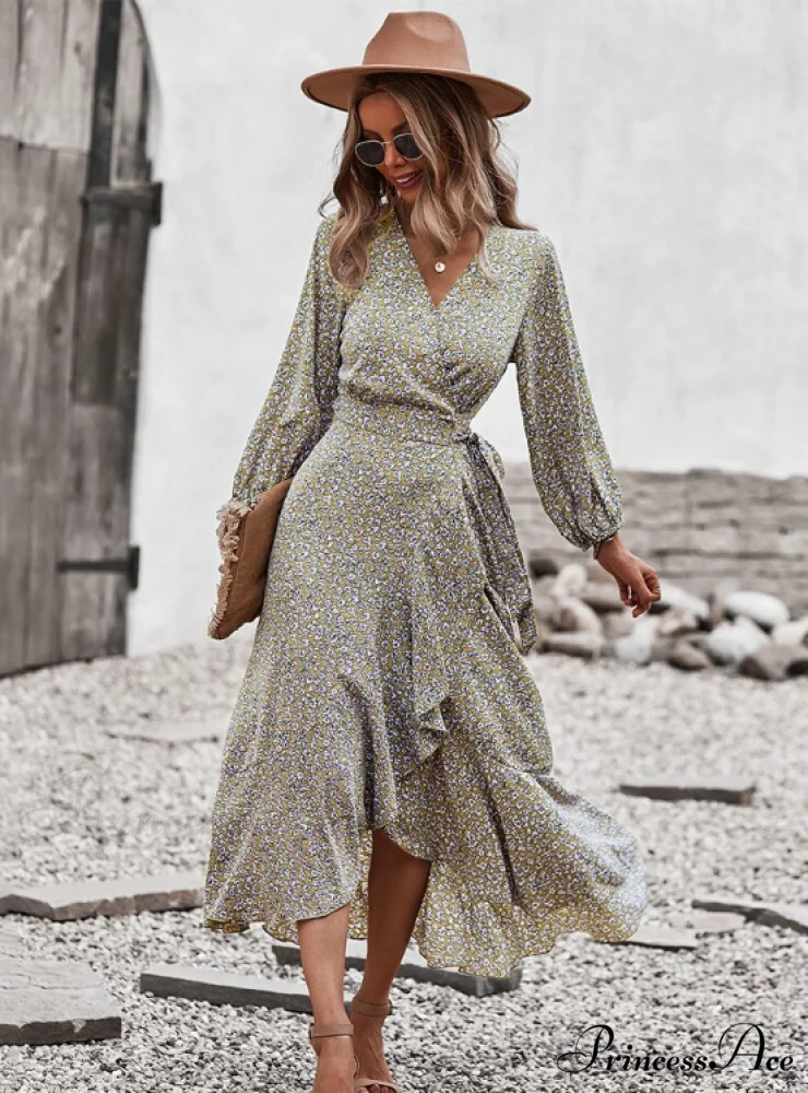V Neck Full Sleeve High Waist Bandage Print Dress for Spring/Autumn - Image 10