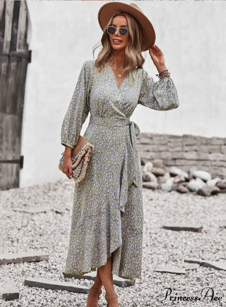 V Neck Full Sleeve High Waist Bandage Print Dress for Spring/Autumn - Image 11