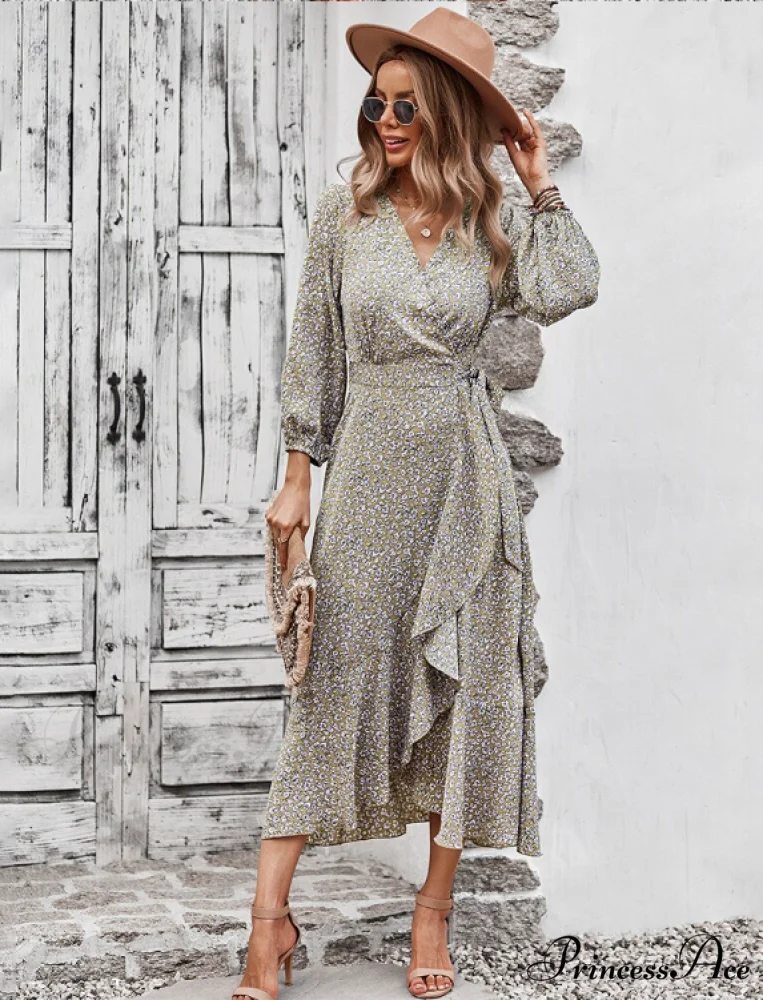 V Neck Full Sleeve High Waist Bandage Print Dress for Spring/Autumn - Image 12