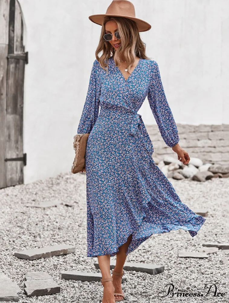 V Neck Full Sleeve High Waist Bandage Print Dress for Spring/Autumn - Image 13