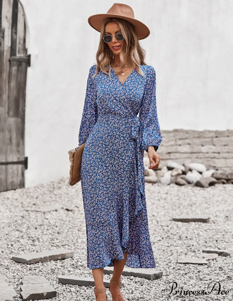 V Neck Full Sleeve High Waist Bandage Print Dress for Spring/Autumn - Image 14