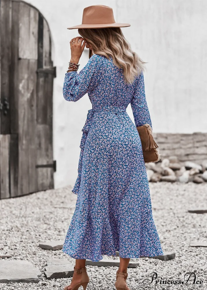 V Neck Full Sleeve High Waist Bandage Print Dress for Spring/Autumn - Image 15