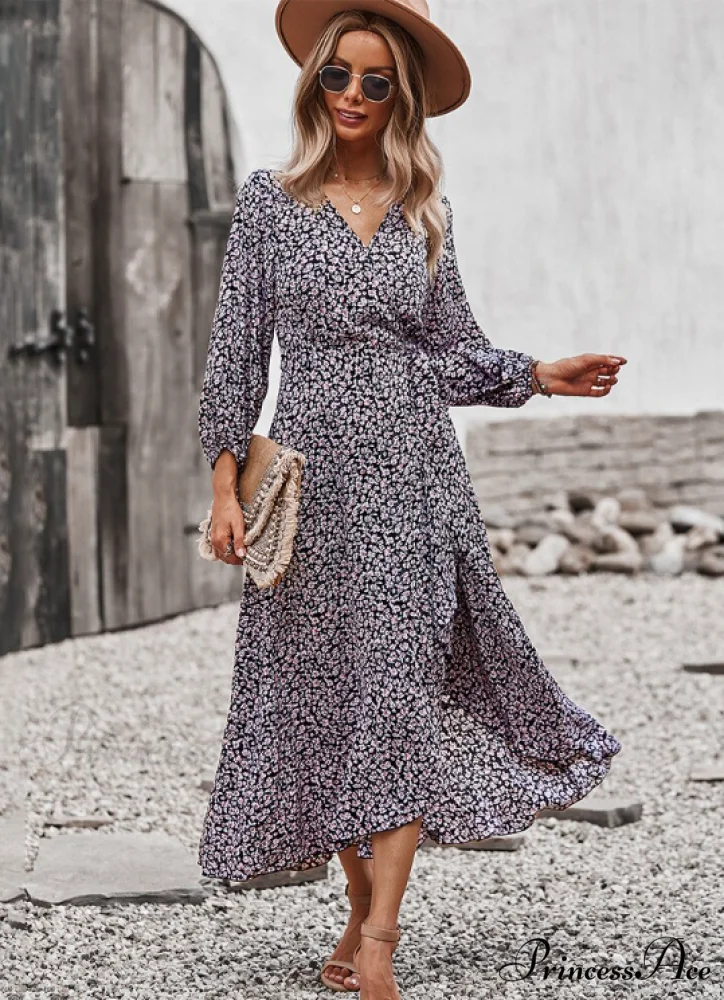 V Neck Full Sleeve High Waist Bandage Print Dress for Spring/Autumn - Image 16