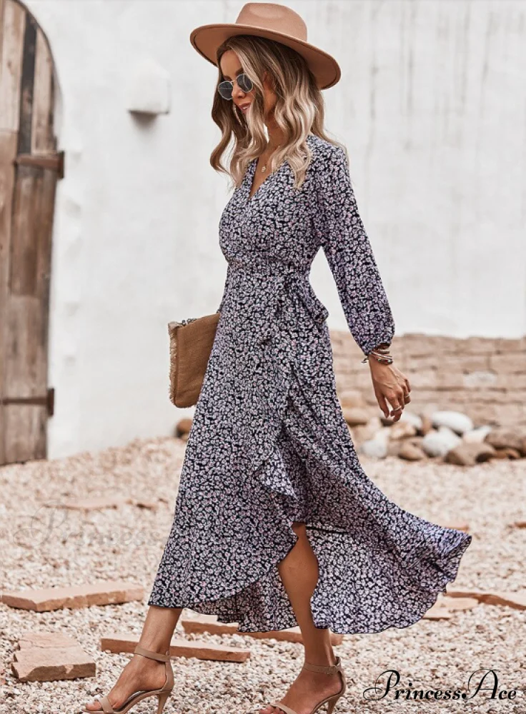 V Neck Full Sleeve High Waist Bandage Print Dress for Spring/Autumn - Image 17
