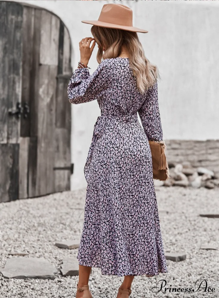 V Neck Full Sleeve High Waist Bandage Print Dress for Spring/Autumn - Image 18