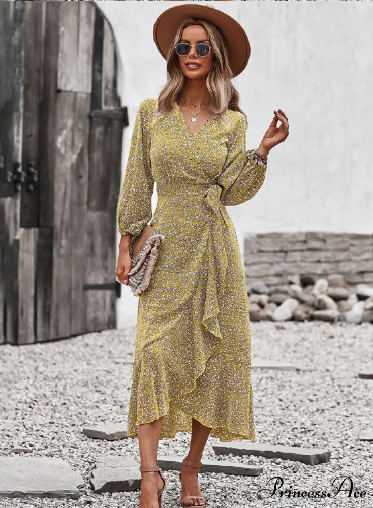 V Neck Full Sleeve High Waist Bandage Print Dress for Spring/Autumn - Image 2