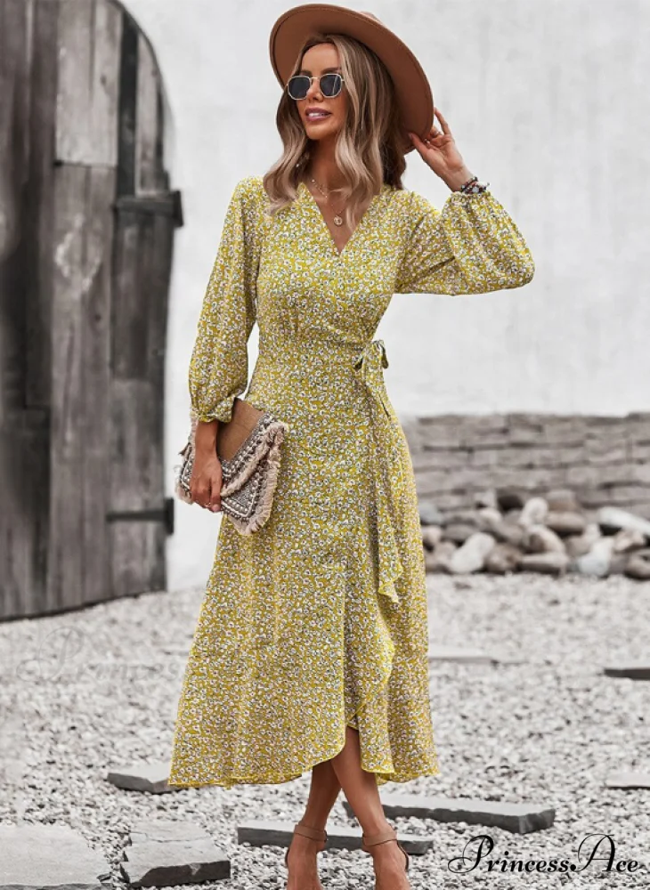 V Neck Full Sleeve High Waist Bandage Print Dress for Spring/Autumn - Image 3