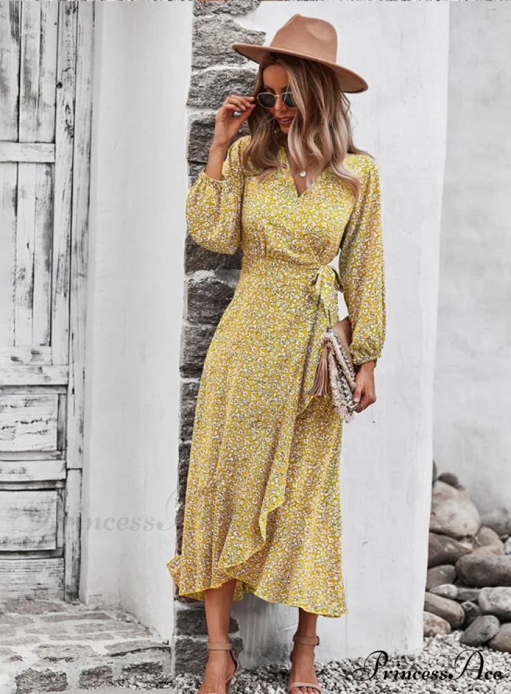 V Neck Full Sleeve High Waist Bandage Print Dress for Spring/Autumn - Image 4