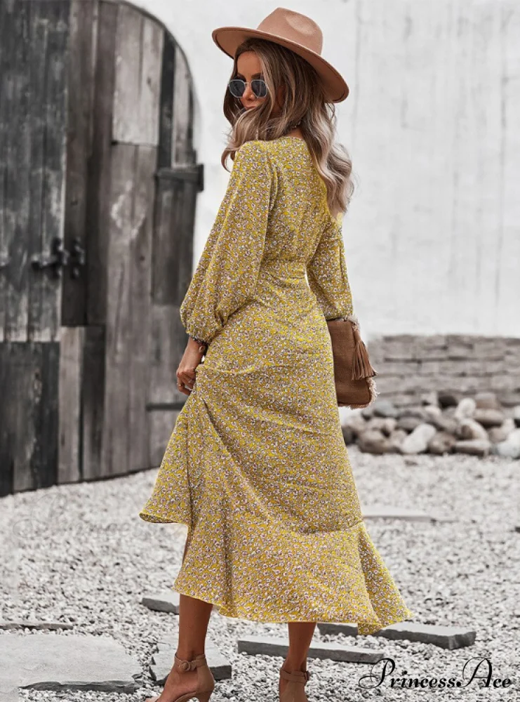 V Neck Full Sleeve High Waist Bandage Print Dress for Spring/Autumn - Image 5
