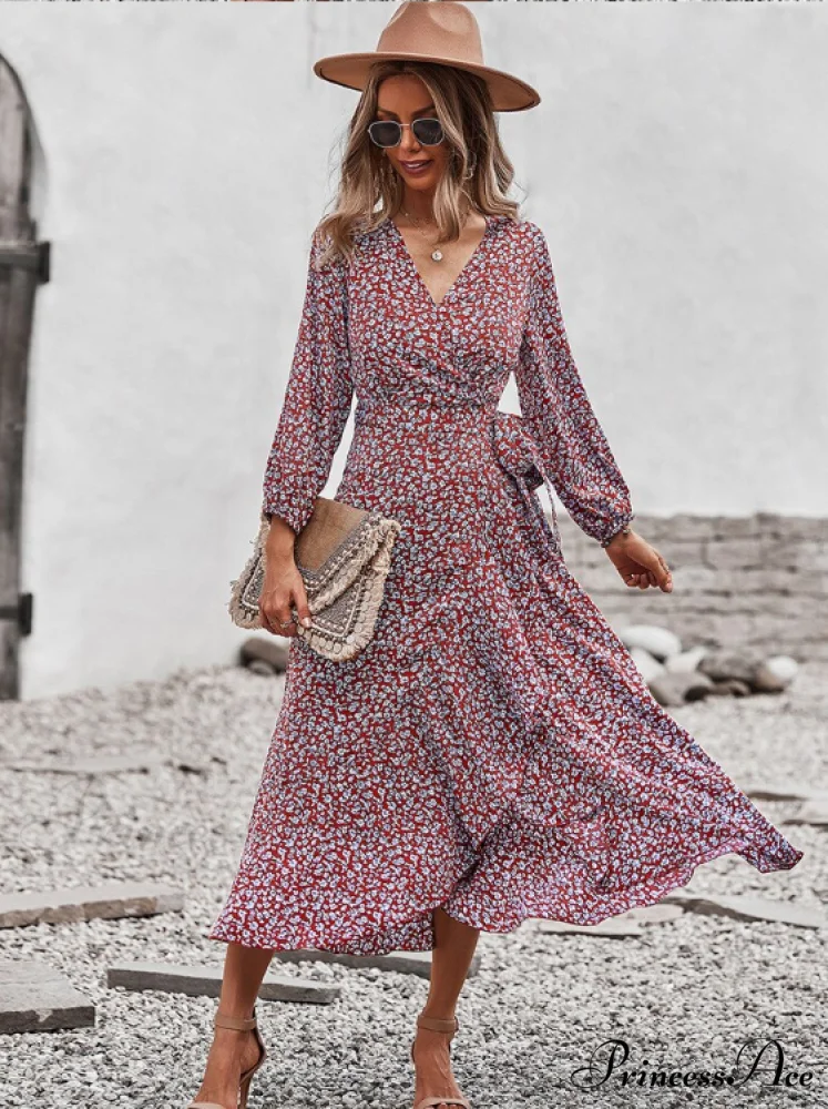 V Neck Full Sleeve High Waist Bandage Print Dress for Spring/Autumn - Image 6