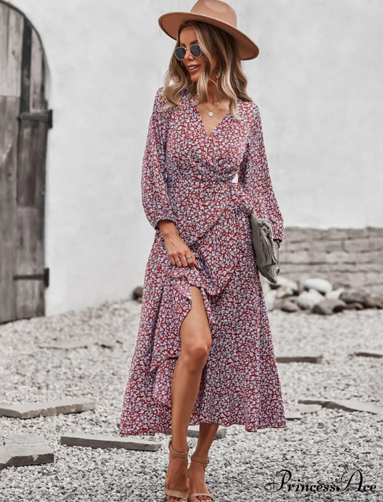 V Neck Full Sleeve High Waist Bandage Print Dress for Spring/Autumn - Image 7