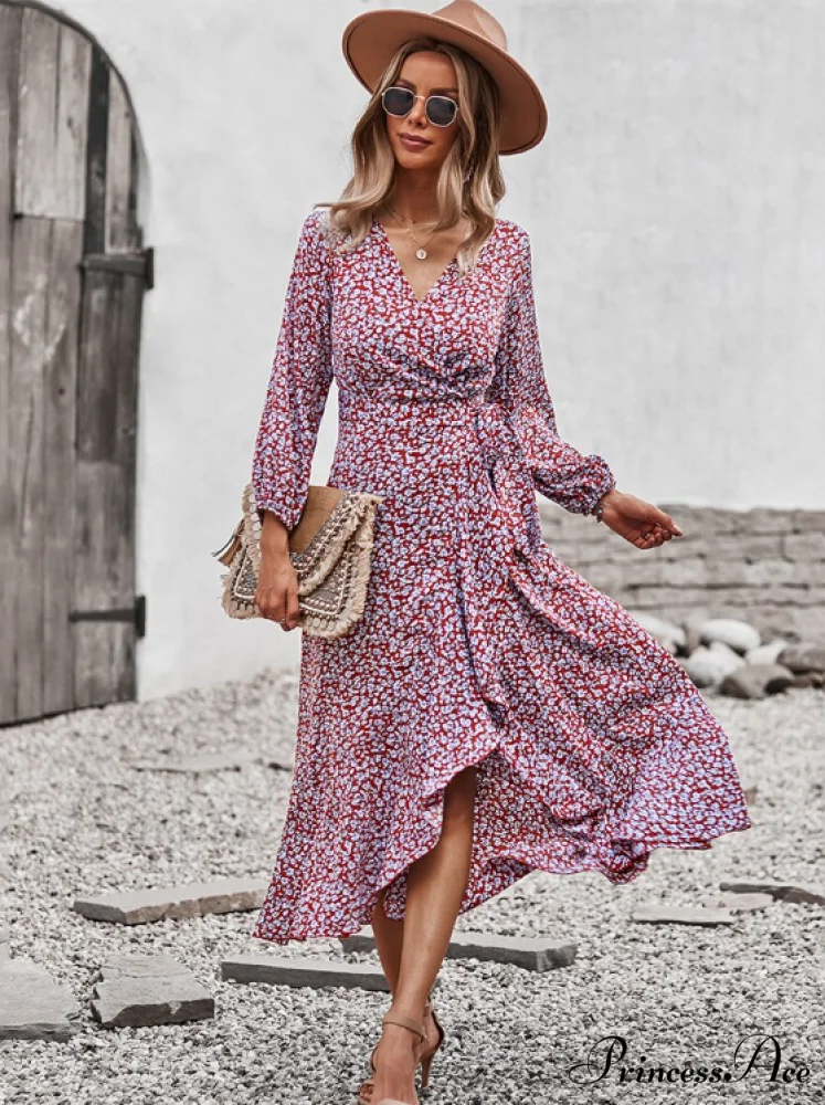 V Neck Full Sleeve High Waist Bandage Print Dress for Spring/Autumn - Image 8