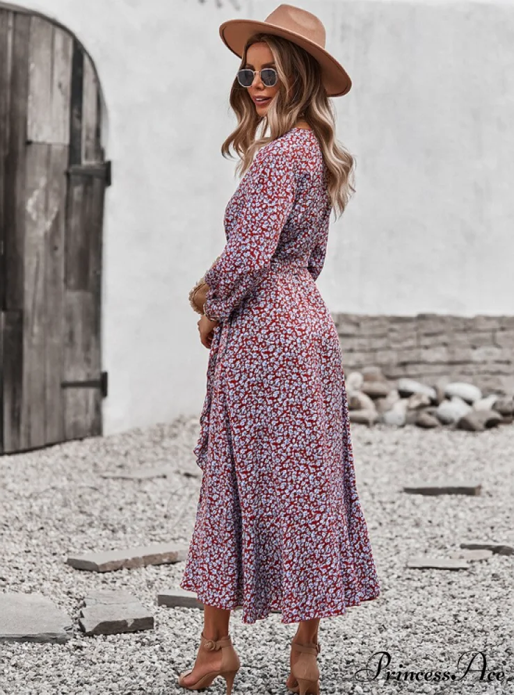 V Neck Full Sleeve High Waist Bandage Print Dress for Spring/Autumn - Image 9