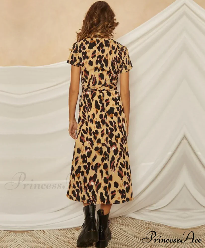 Summer Dress Women Leopard Printed Sundress Deep V-Neck Bandage Split Beach Dresses - Image 4